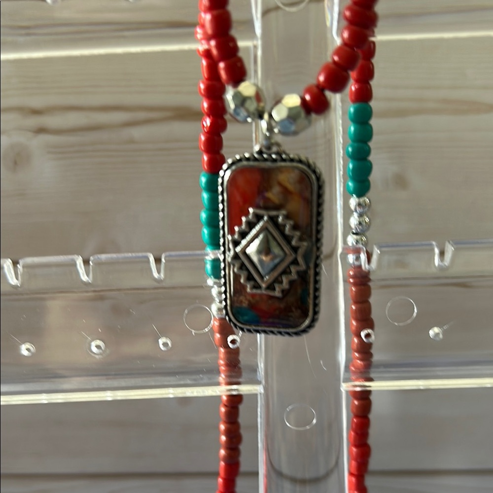 Red and Turquoise Beaded Necklace with Silver Pendant